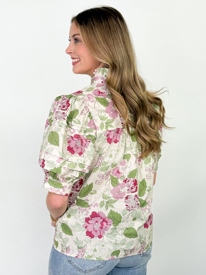 Navia - Floral Puff Sleeve Button Down Top (Pink)