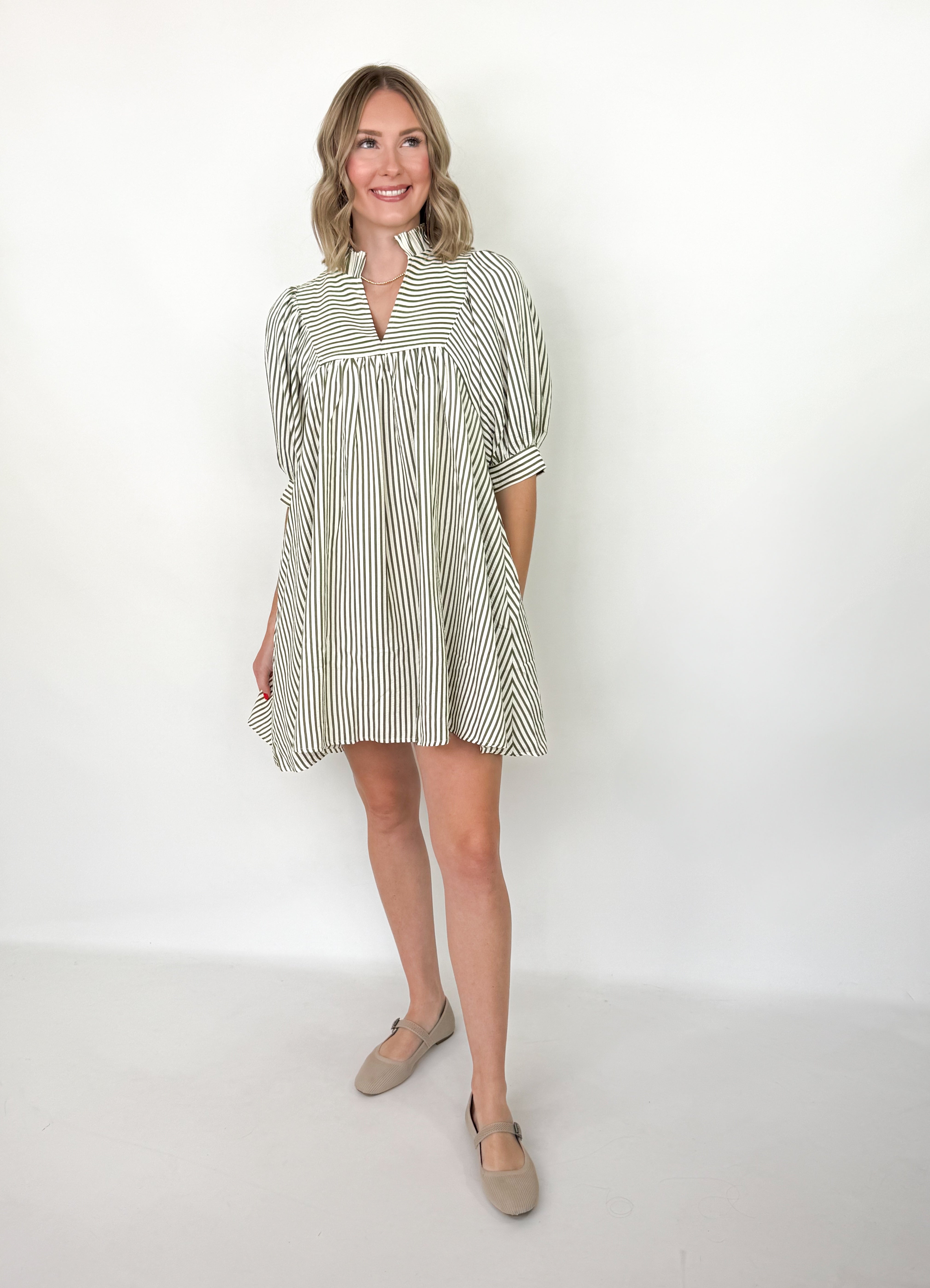 Lillian - Olive Striped Mini Dress