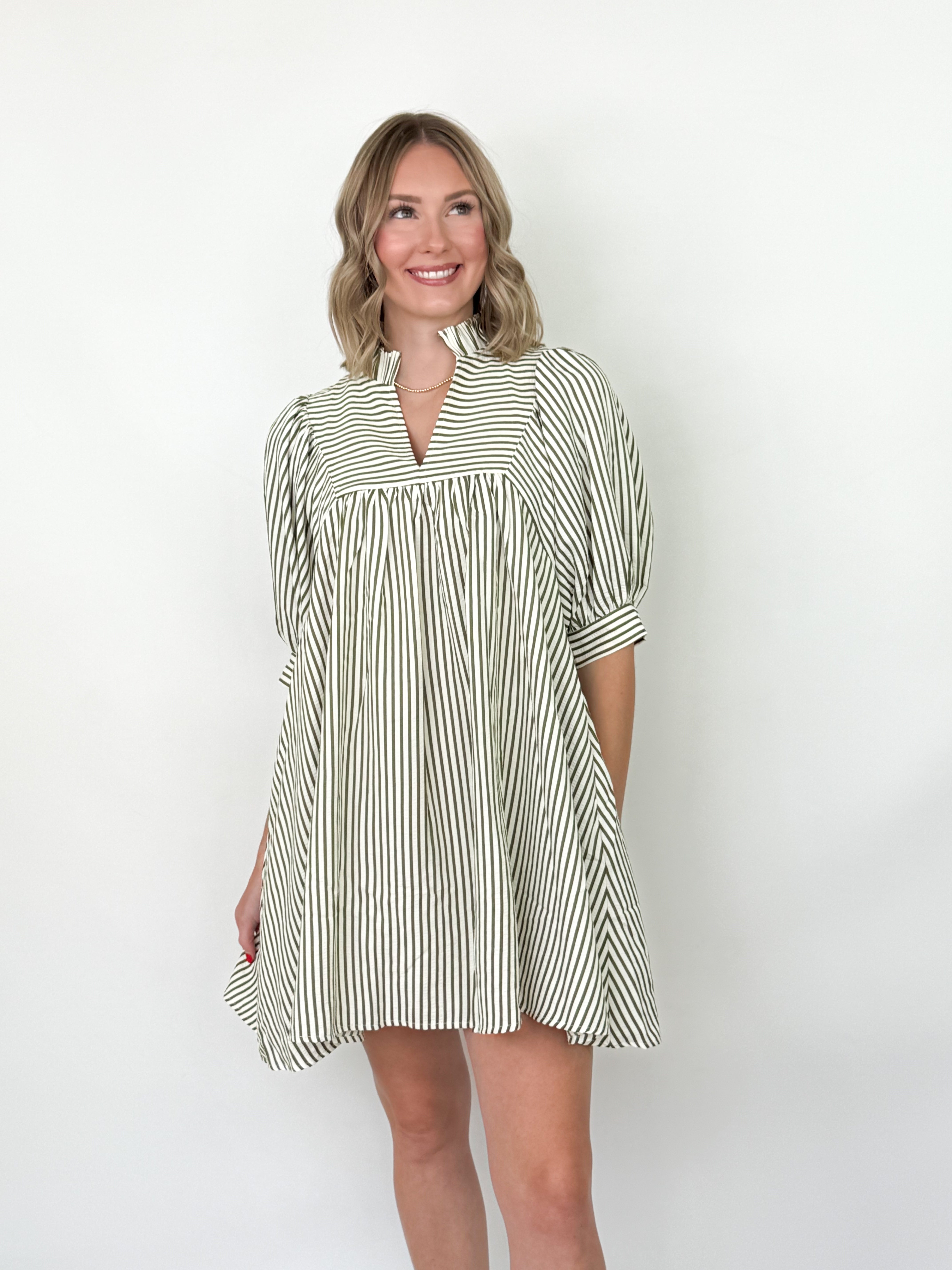 Lillian - Olive Striped Mini Dress