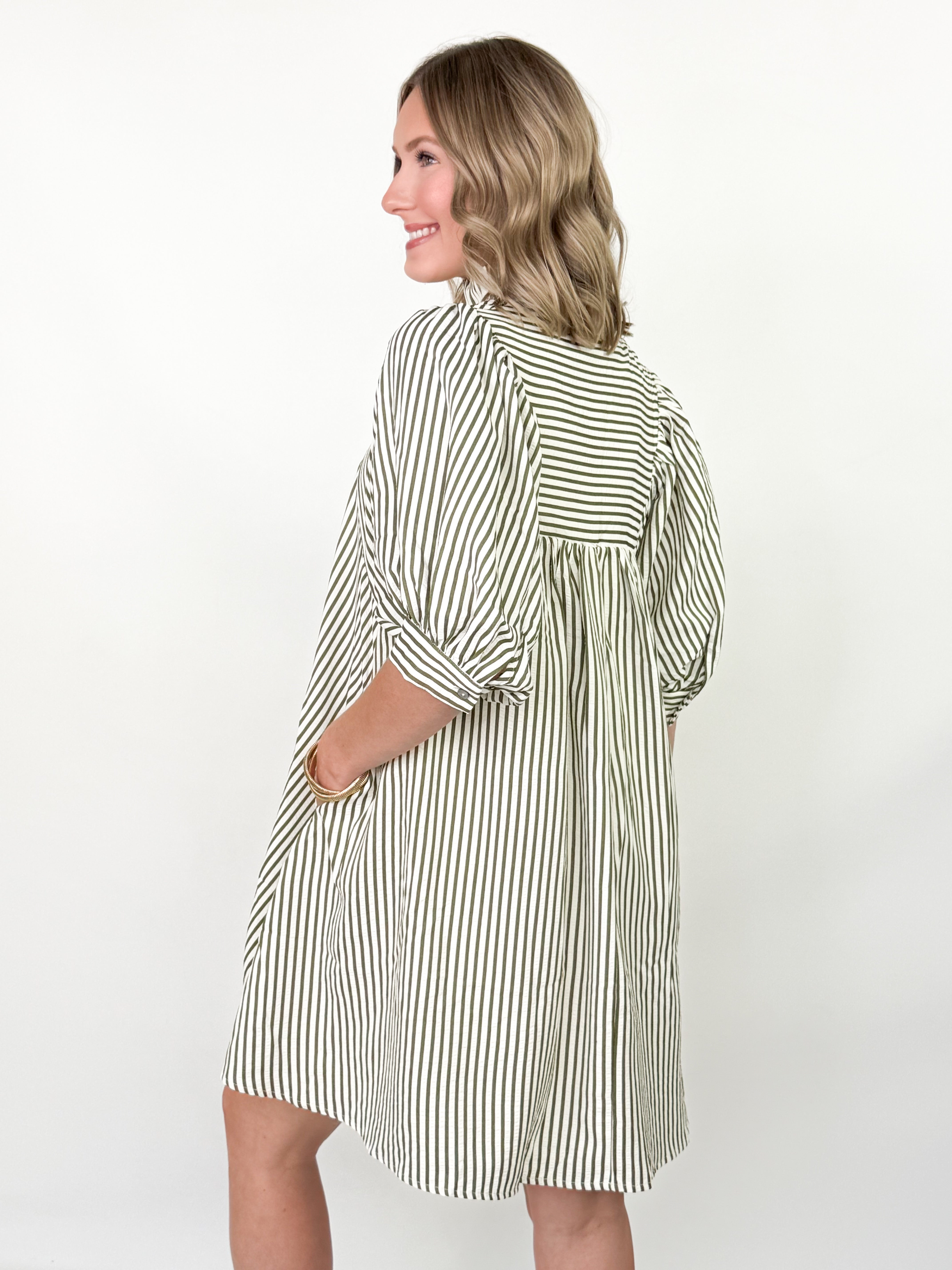 Lillian - Olive Striped Mini Dress