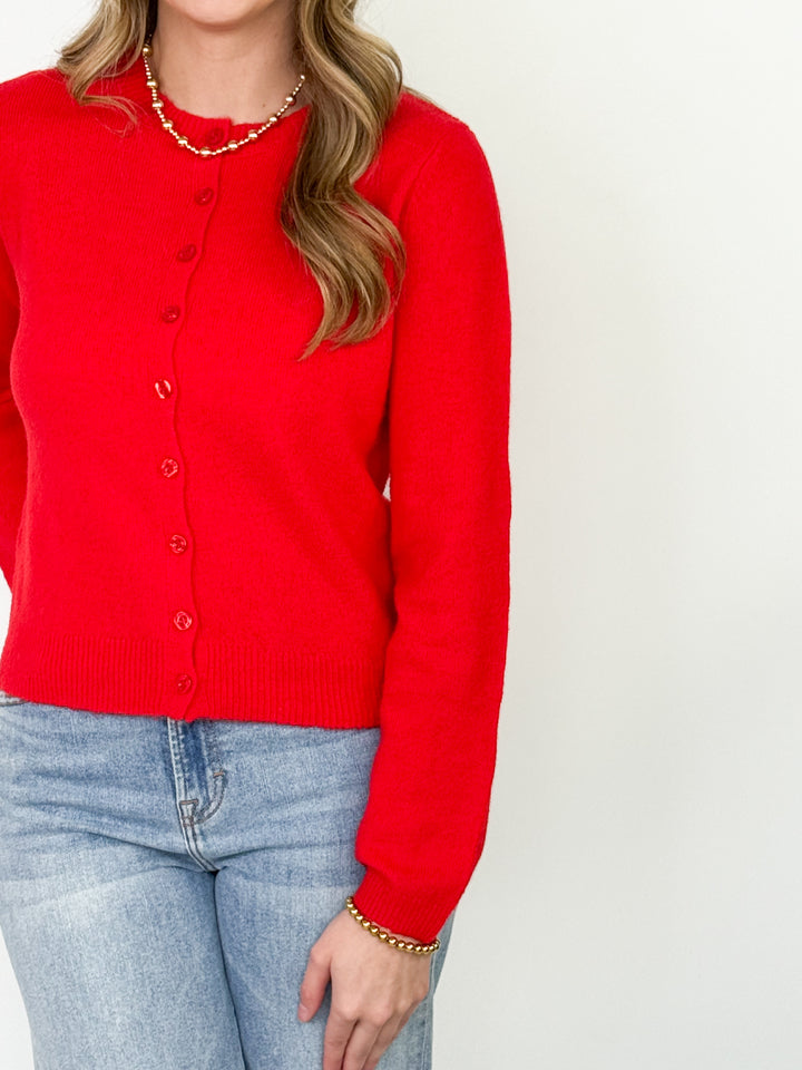 Charlie - Round Neck Button Down Cardigan (Red)