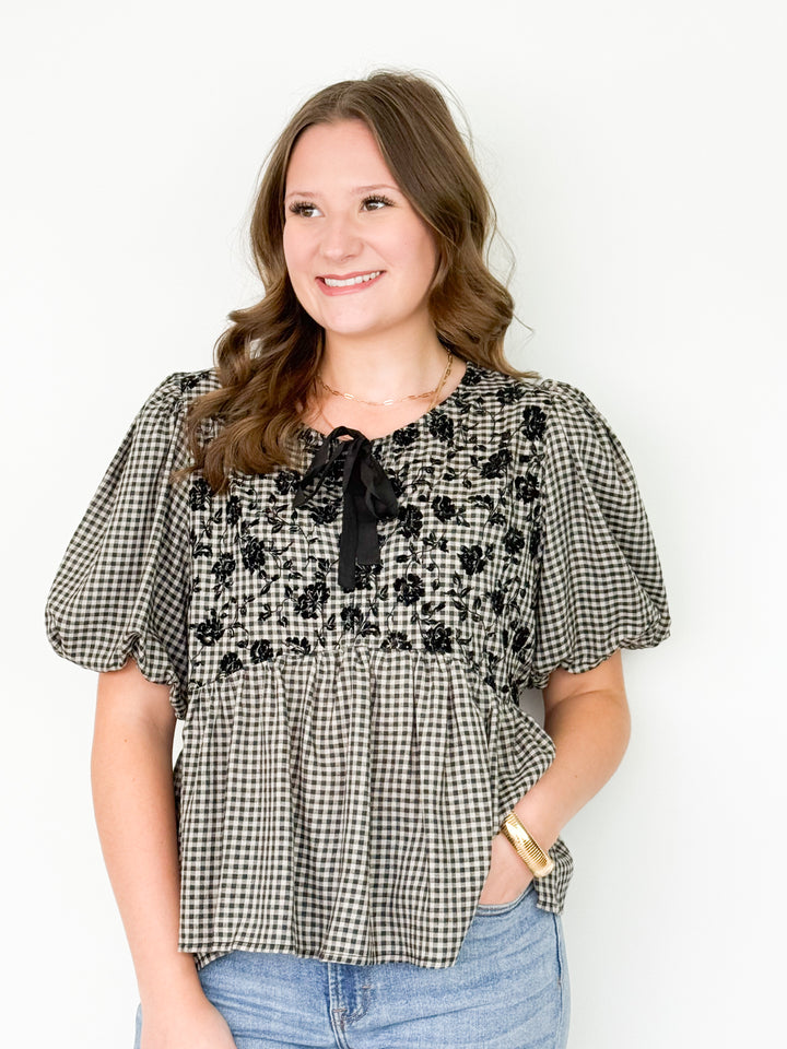 Allyssa - Black Gingham Embroidered Babydoll Top