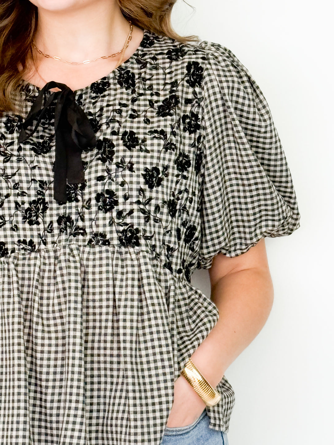 Allyssa - Black Gingham Embroidered Babydoll Top