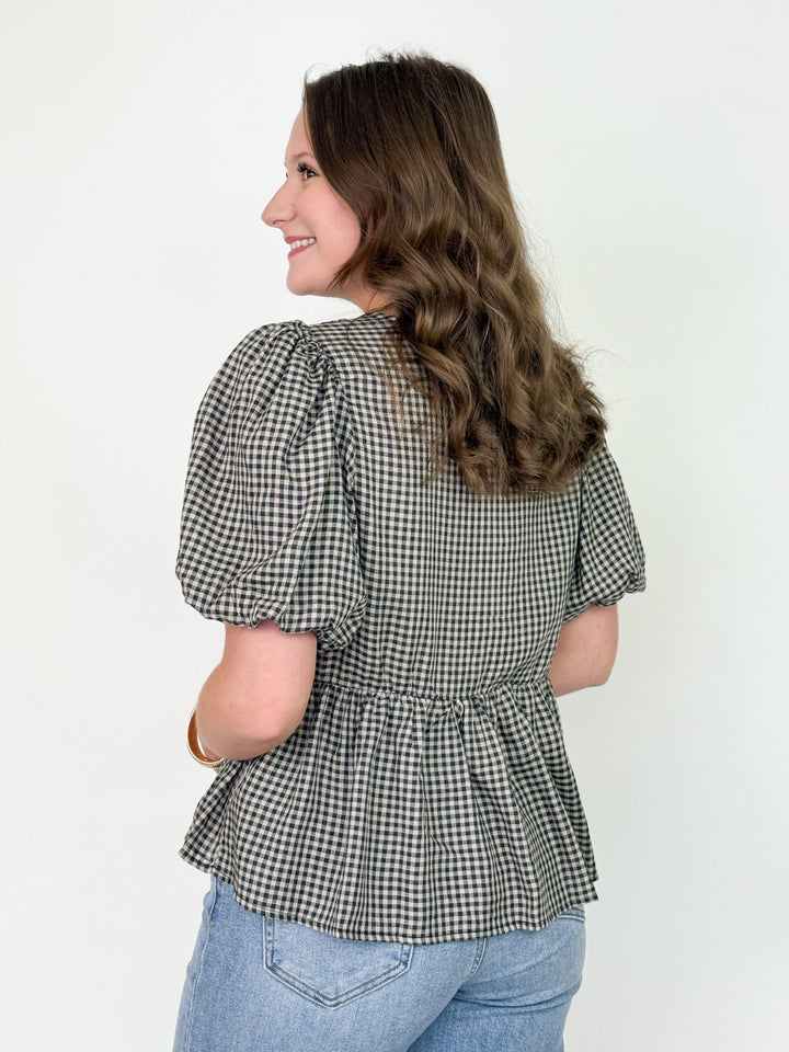 Allyssa - Black Gingham Embroidered Babydoll Top