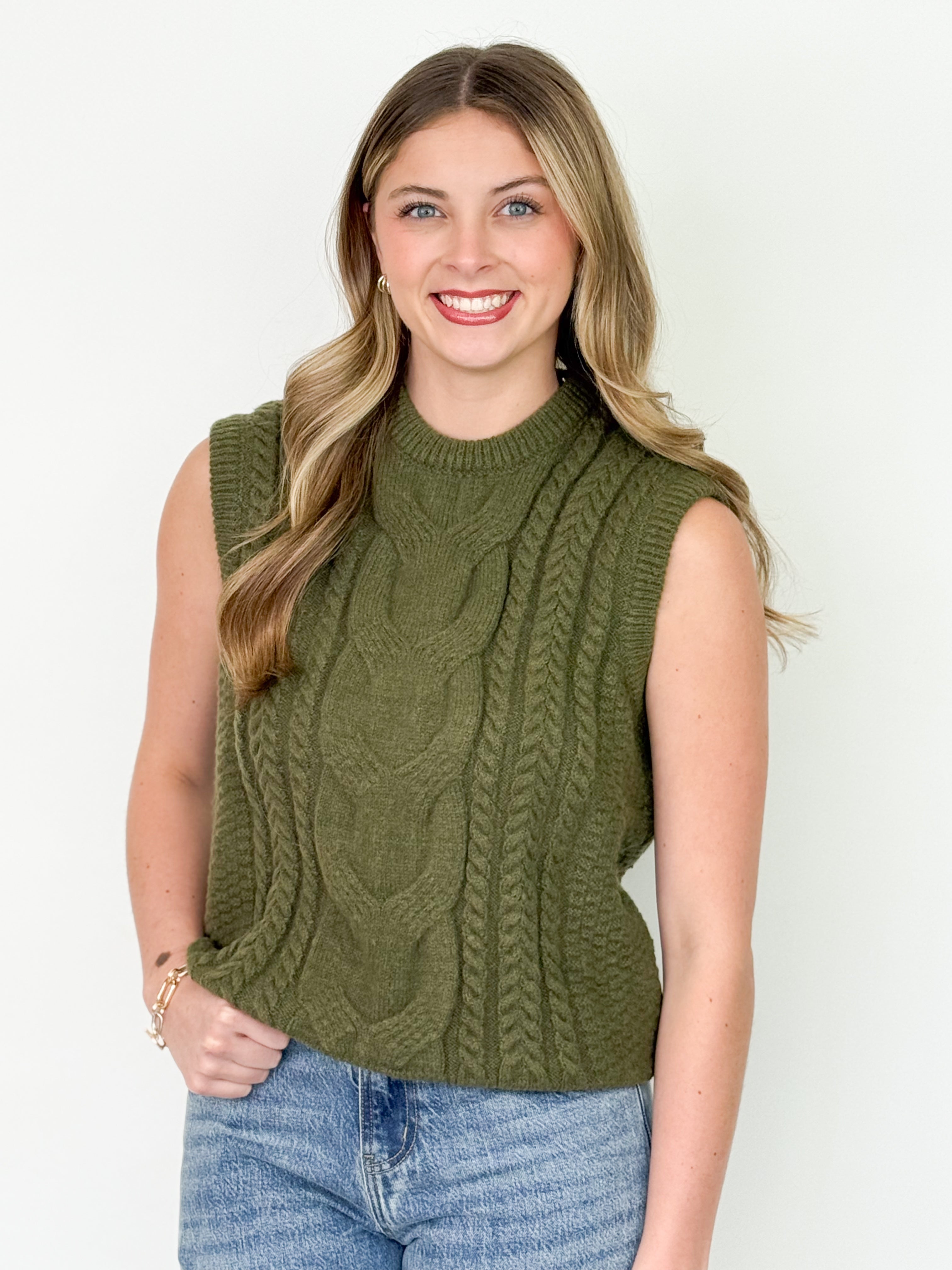 Sabrina - Sleeveless Cable Knit Sweater Vest (Olive)