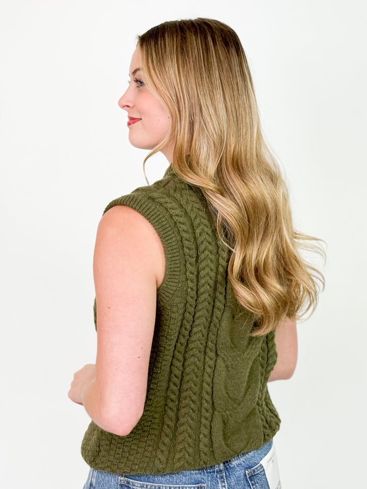 Sabrina - Sleeveless Cable Knit Sweater Vest (Olive)