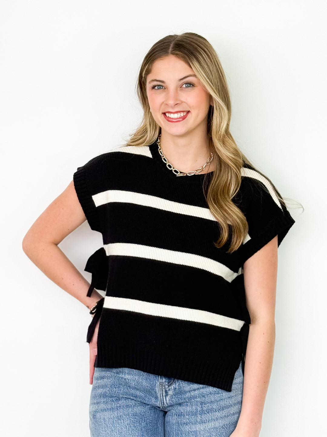 Penny - Striped Side Tie Knit Top (Black)