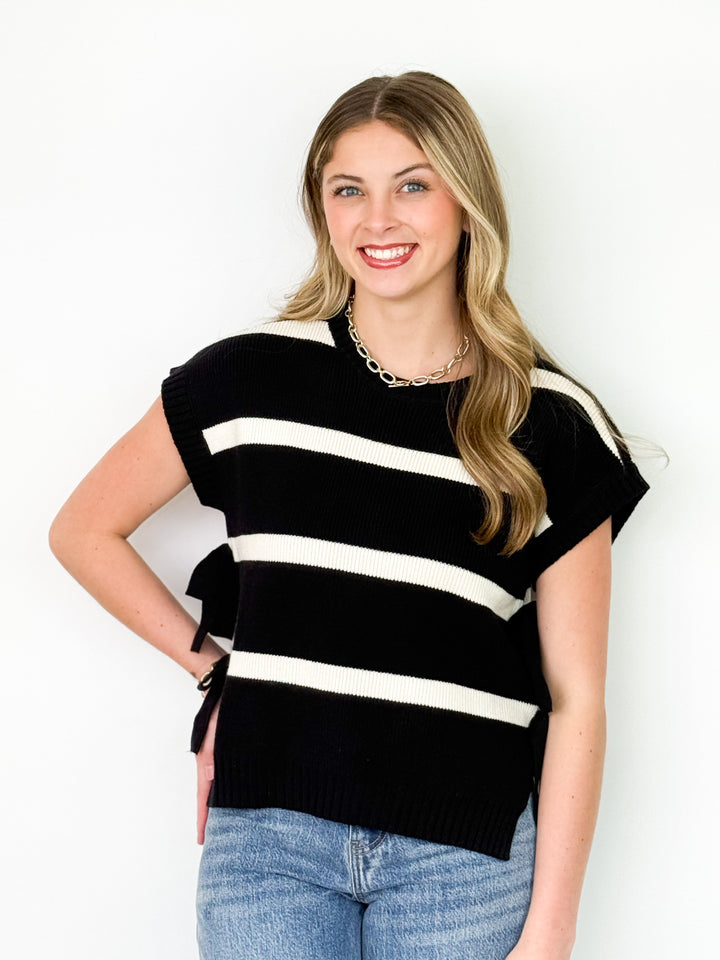 Penny - Striped Side Tie Knit Top (Black)