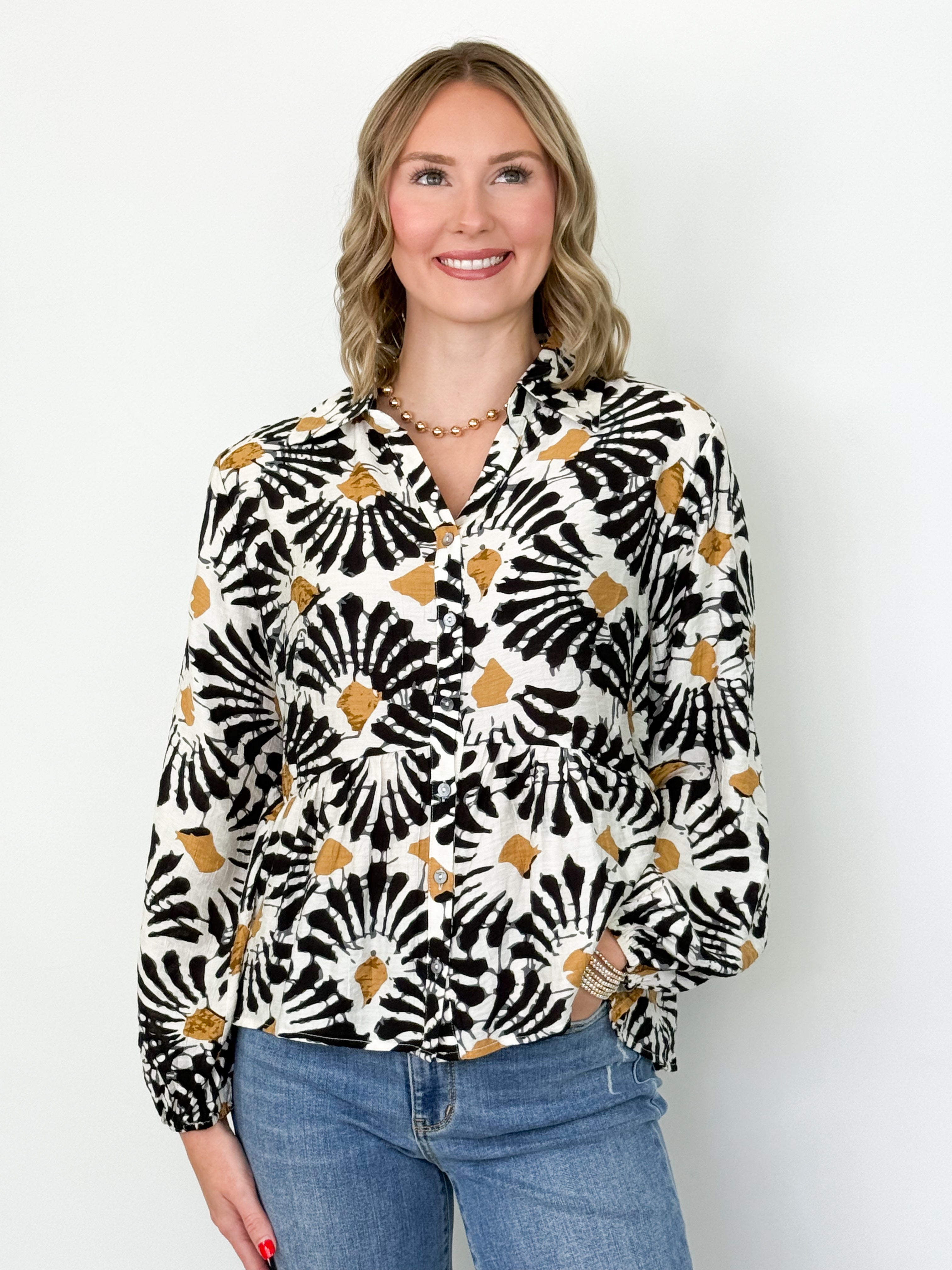 Lisha - Black Printed Long Sleeve Button Up Top