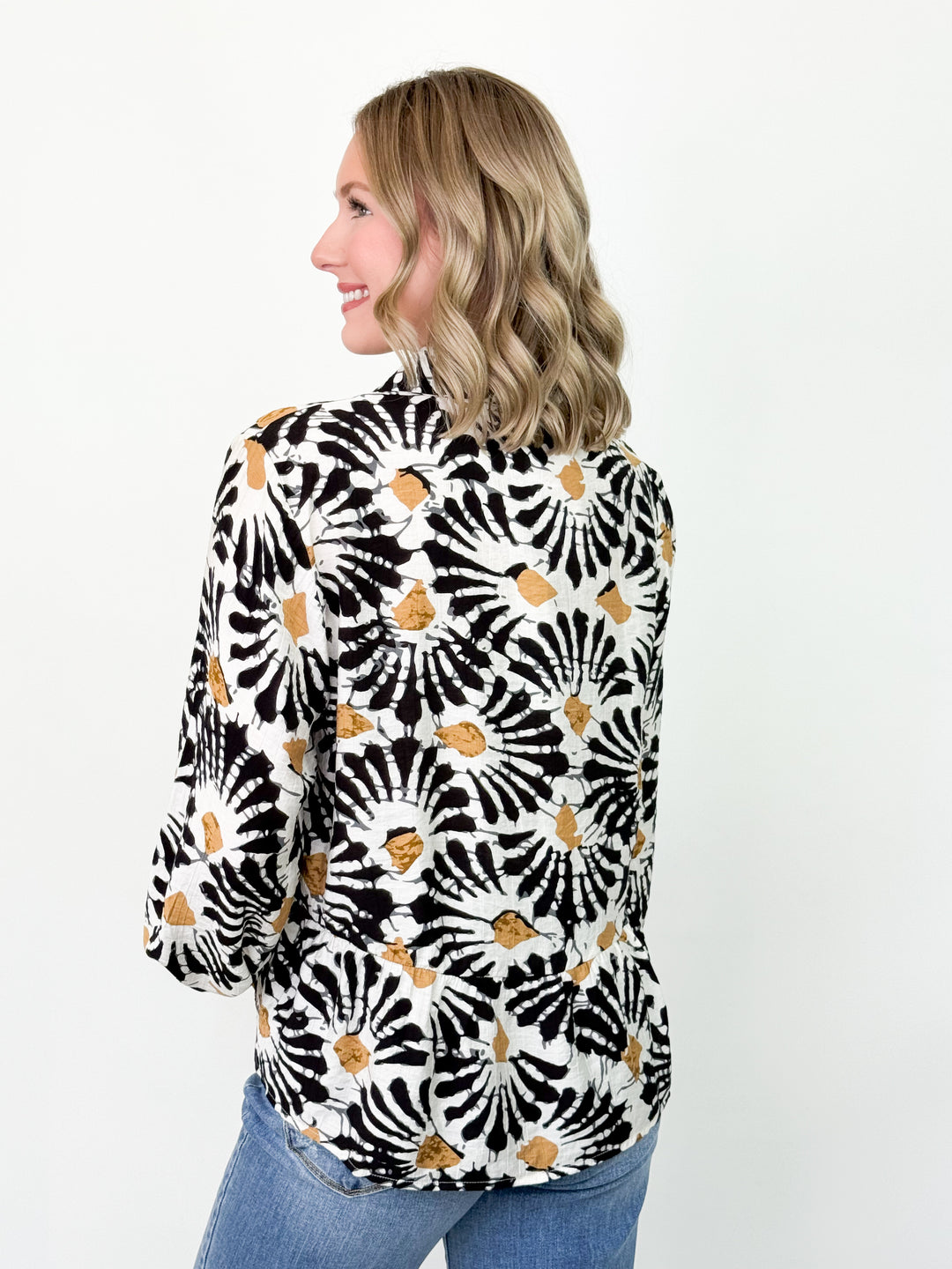 Lisha - Black Printed Long Sleeve Button Up Top