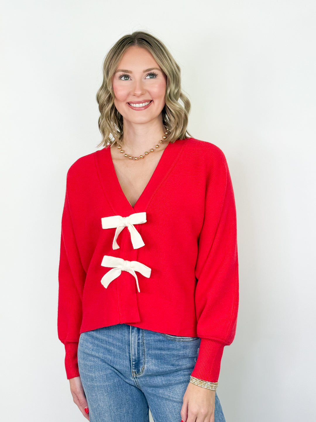 Nelly - Bow Knit Cardigan (Red)