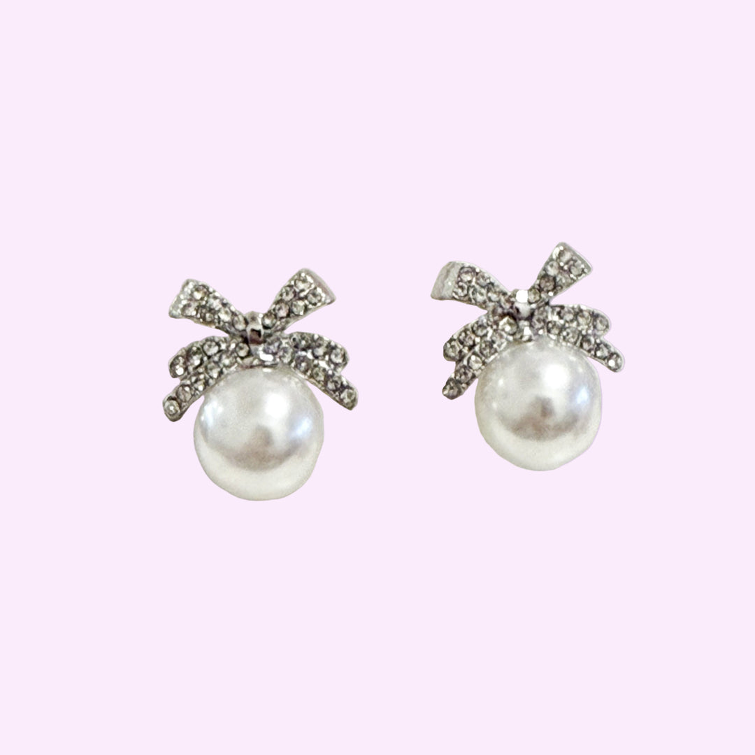 Claire - Rhinestone Bow Pearl Stud Earrings (Silver)