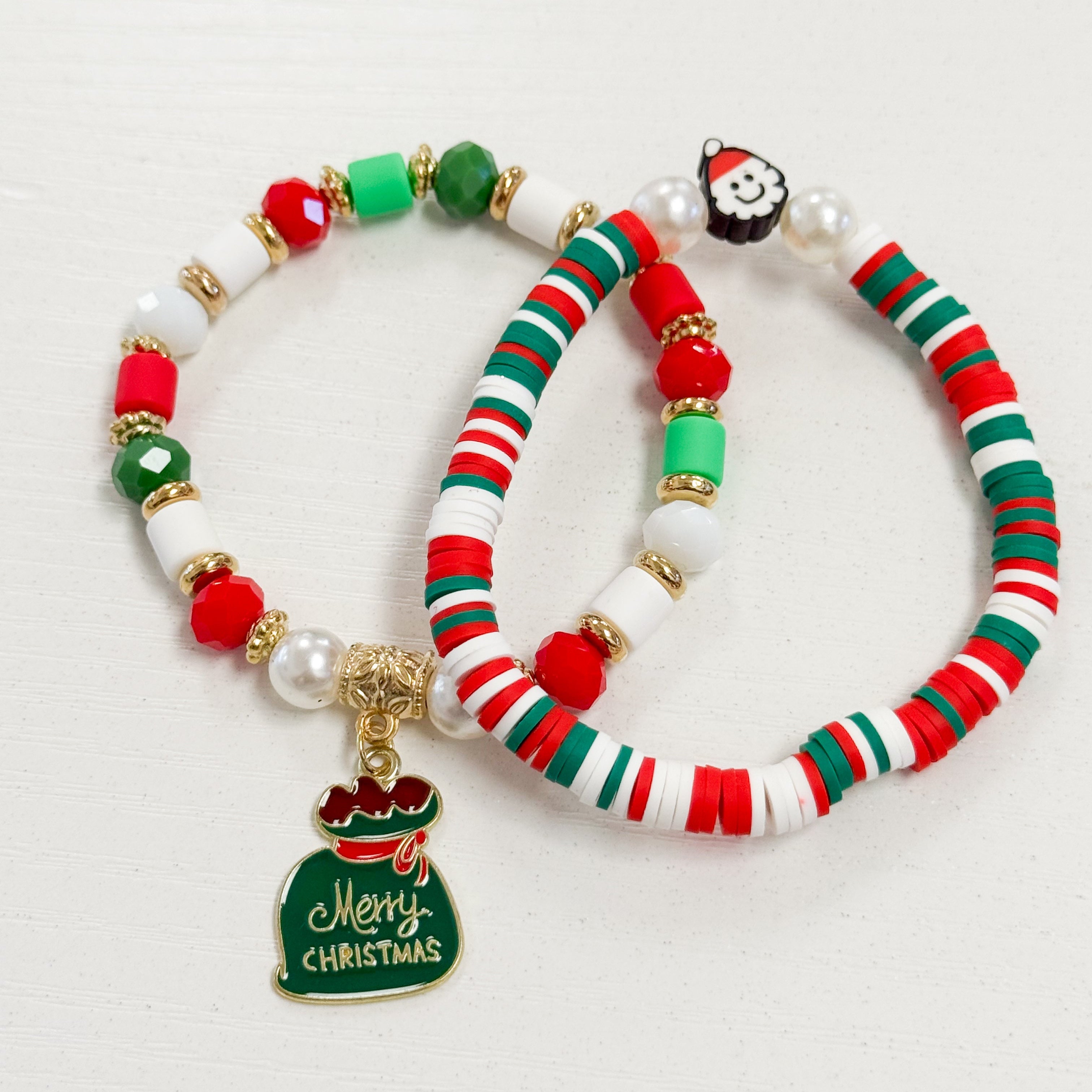 Merry Christmas Charm Beaded Bracelet Set of 2