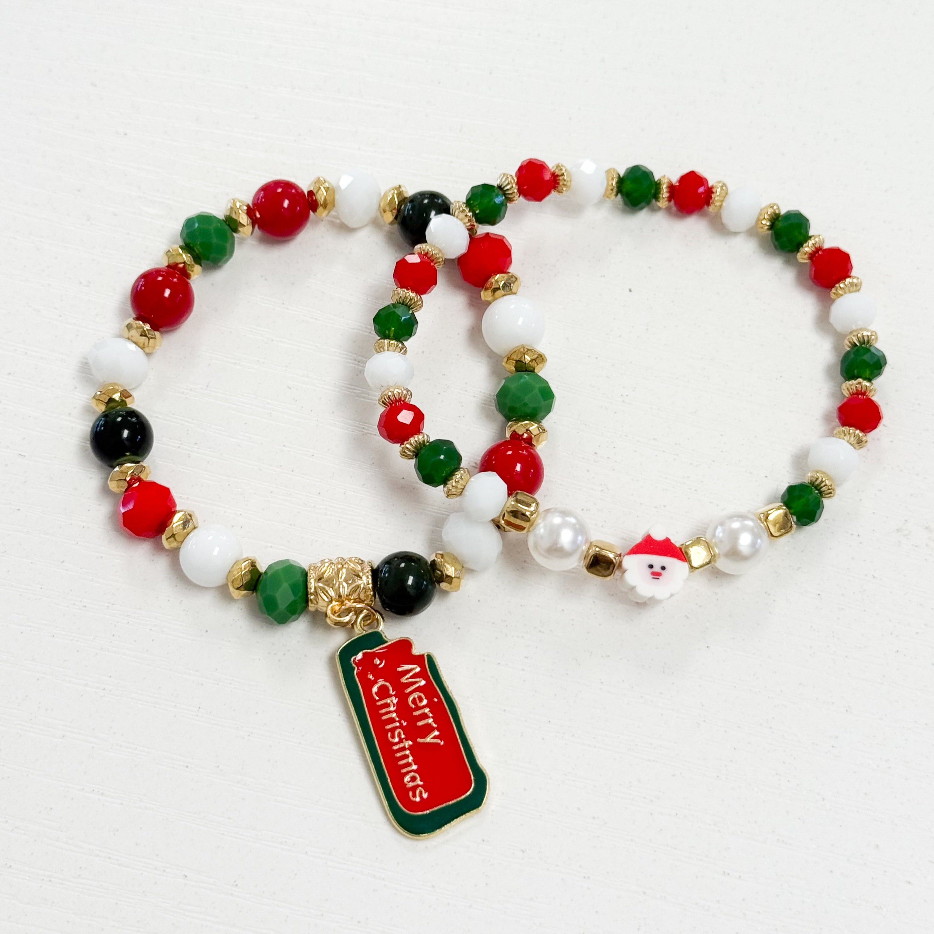 Merry Christmas Charm Beaded Bracelet Set of 2