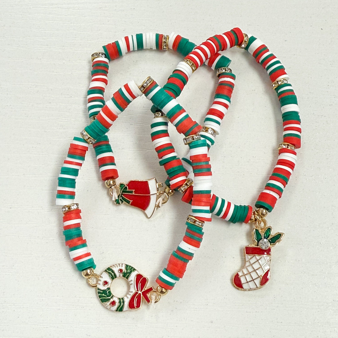 Christmas Clay Beaded Bracelet Set (Stocking, Bell, Wreath)