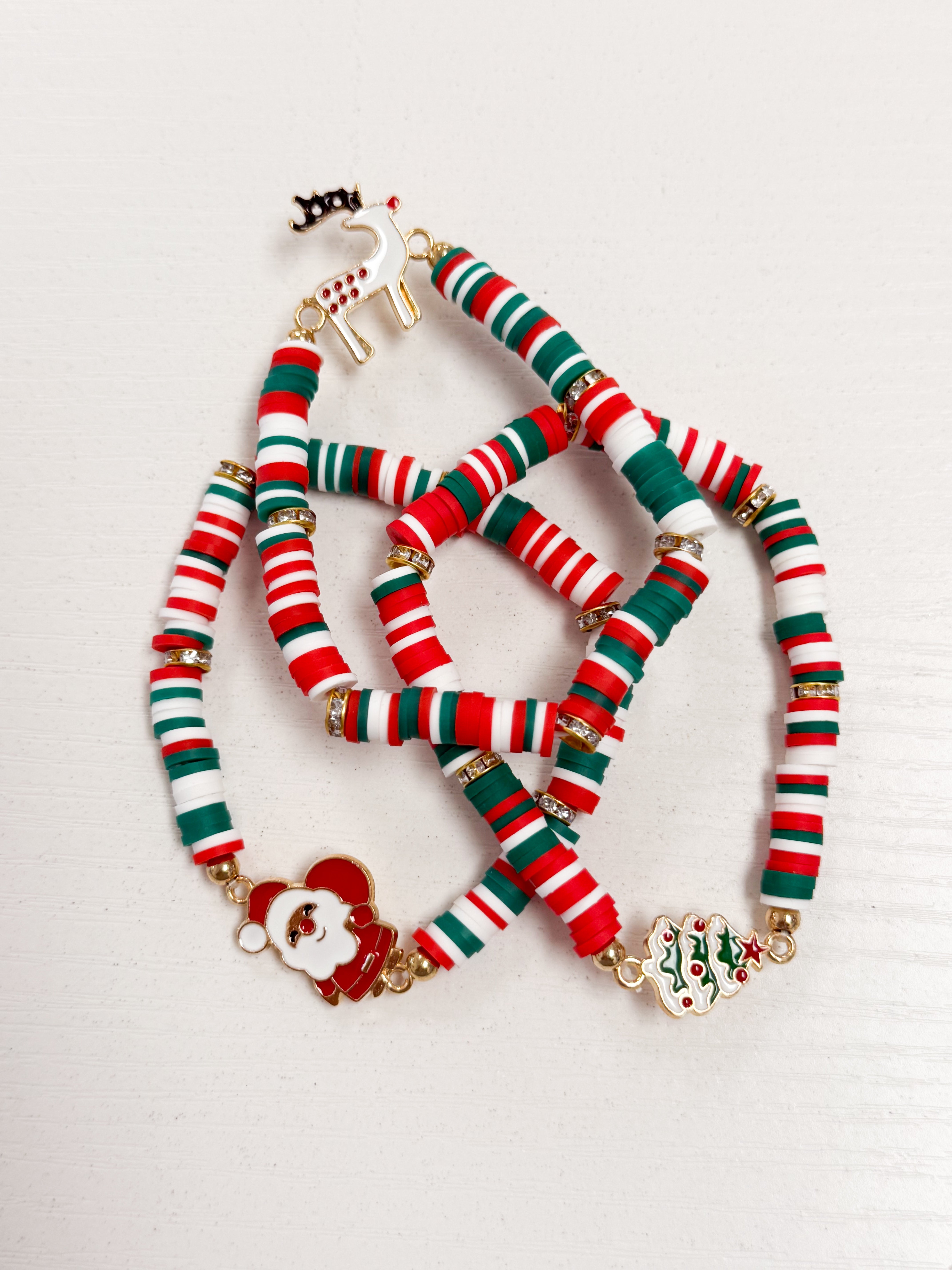 Christmas Clay Beaded Bracelet Set (Santa, Tree, Reindeer)
