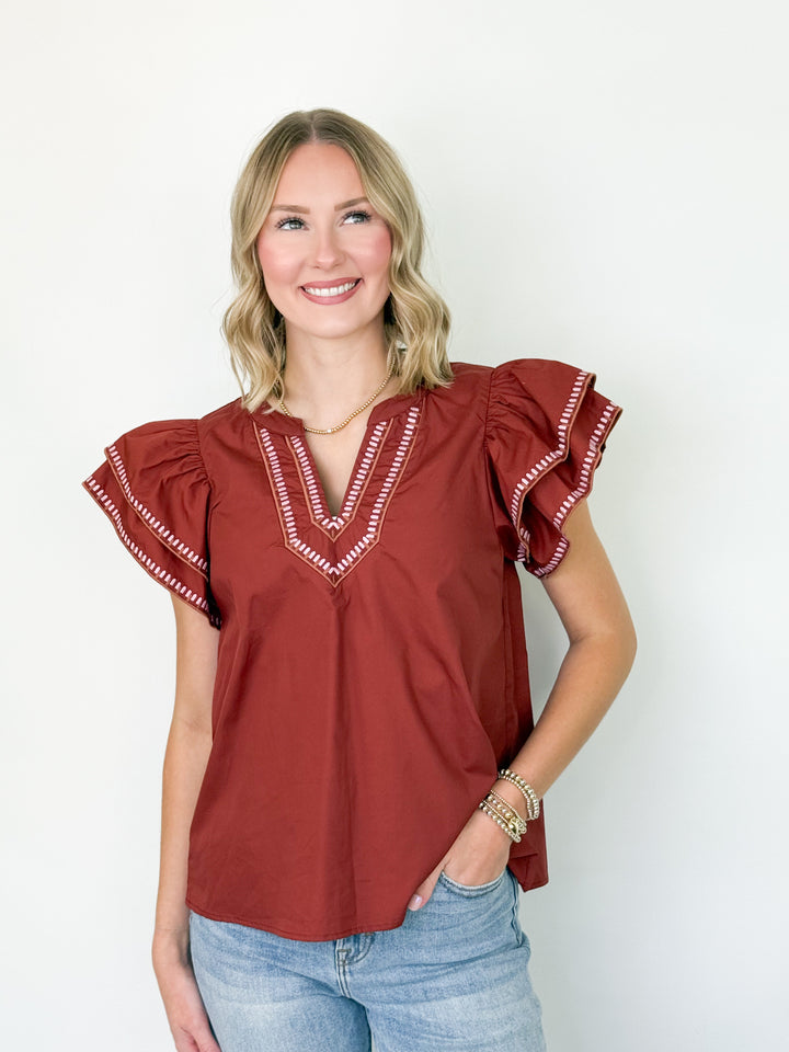 Kirsten - Ruffle Sleeve Embroidered Detail Top