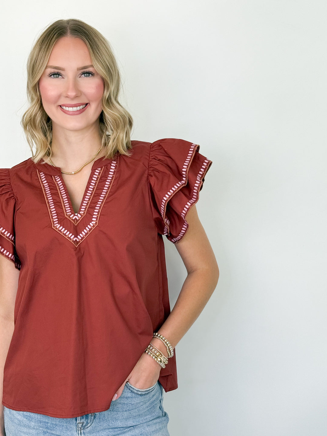 Kirsten - Ruffle Sleeve Embroidered Detail Top