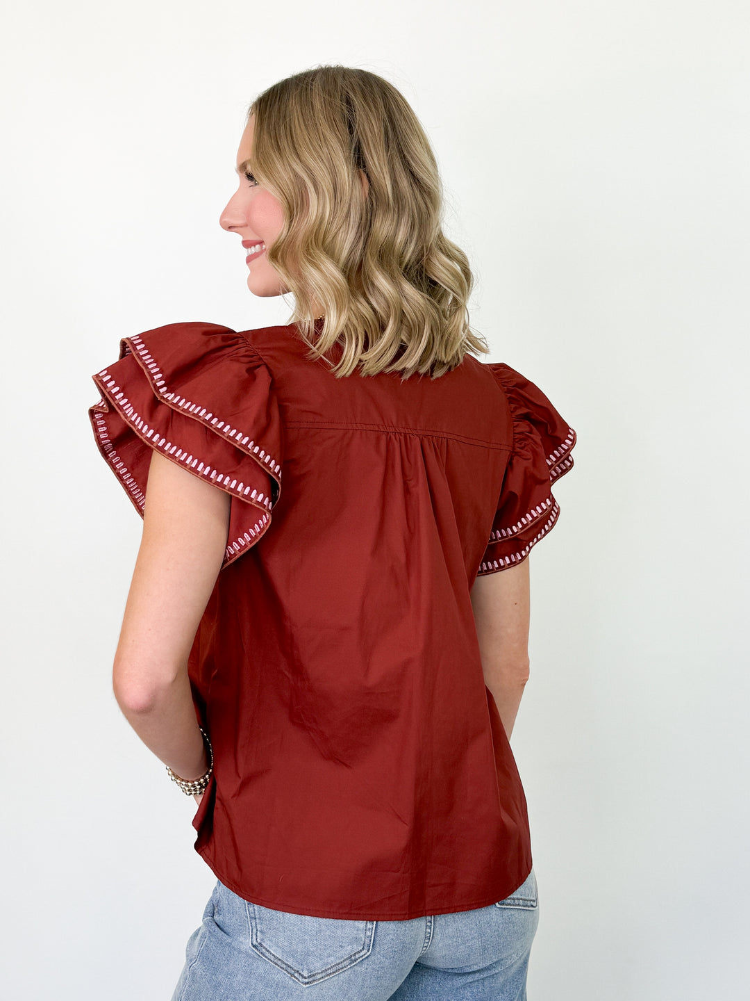 Kirsten - Ruffle Sleeve Embroidered Detail Top