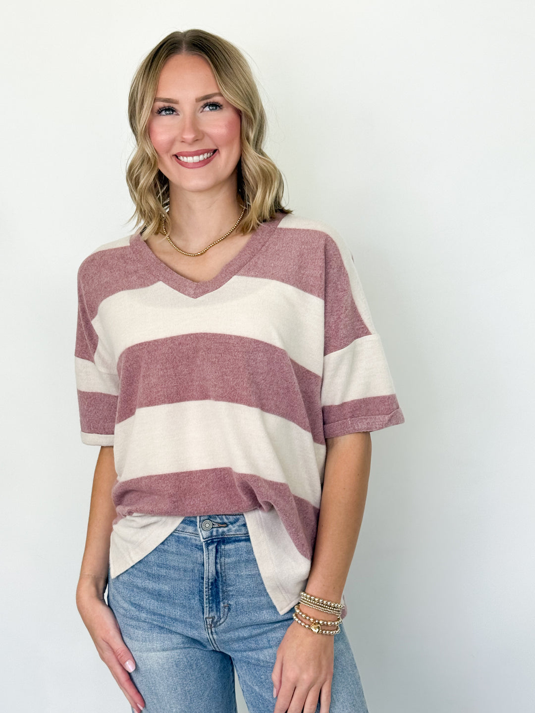 Shanna - Wide Striped Knit Top (Maroon)