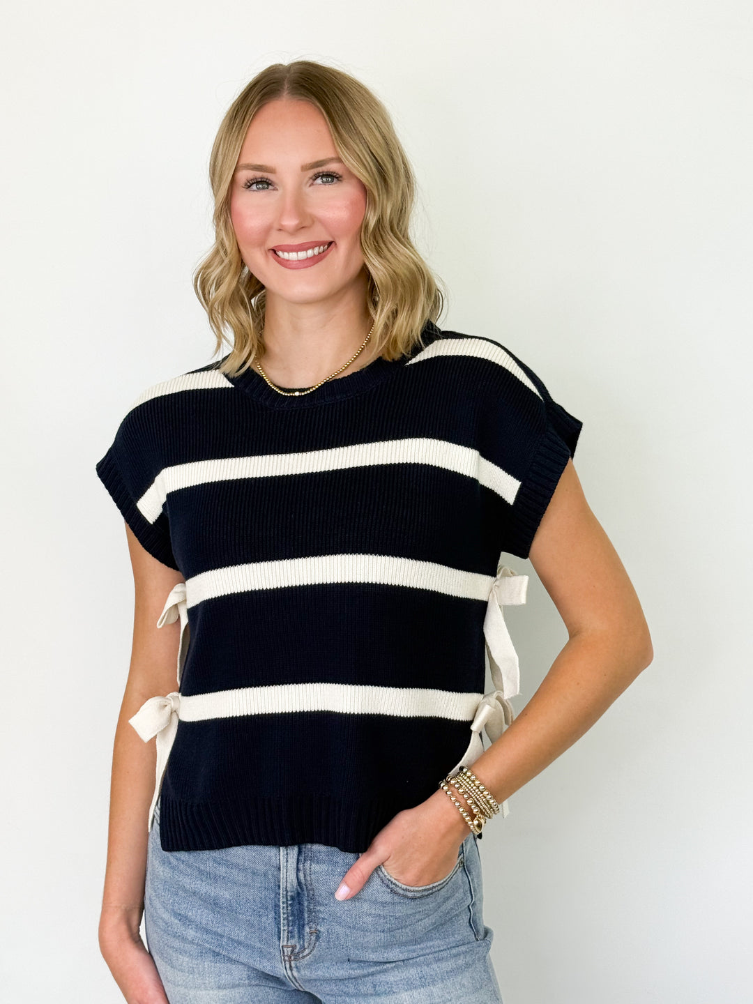 Penny - Striped Side Tie Knit Top (Navy)