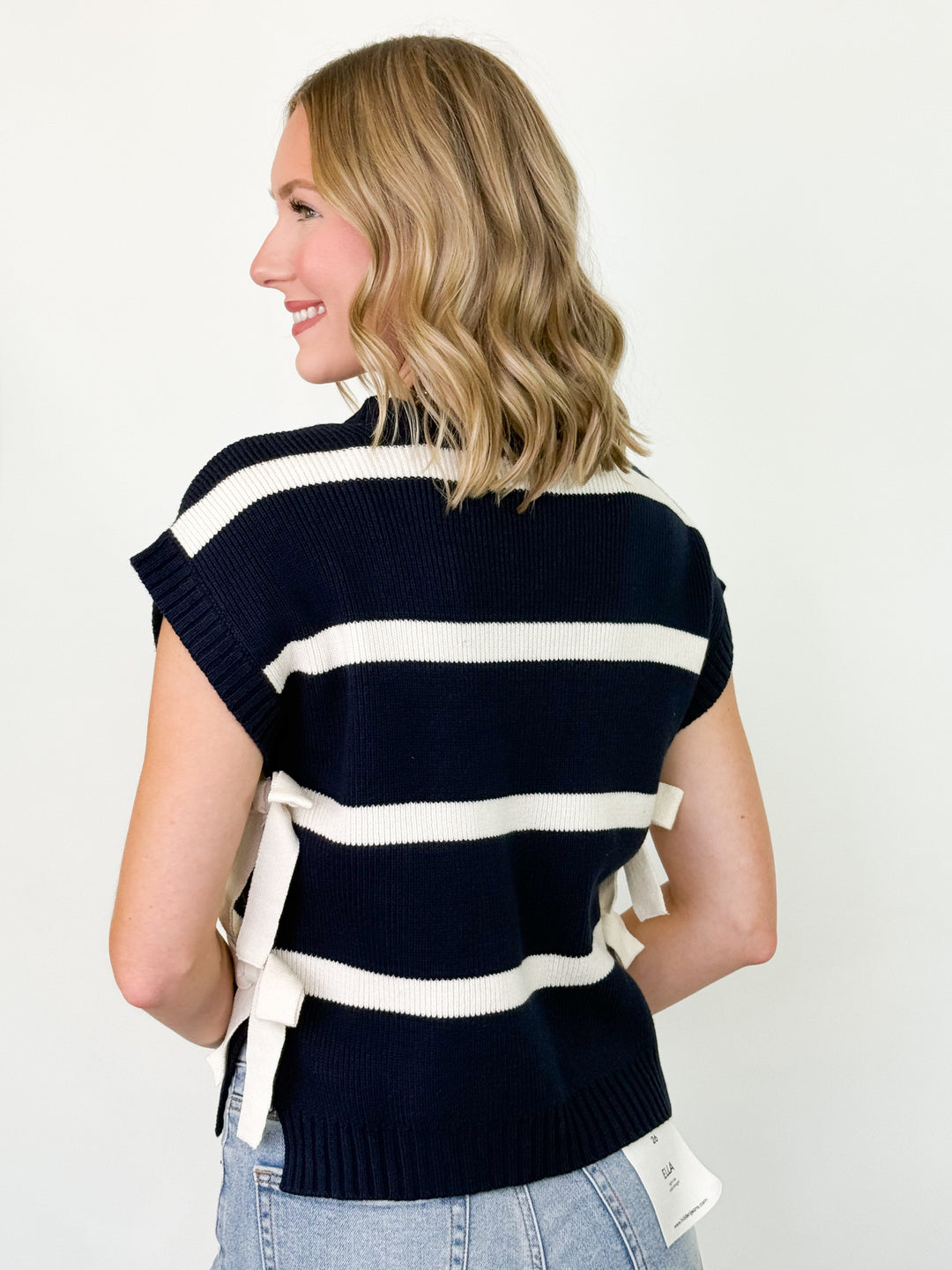 Penny - Striped Side Tie Knit Top (Navy)
