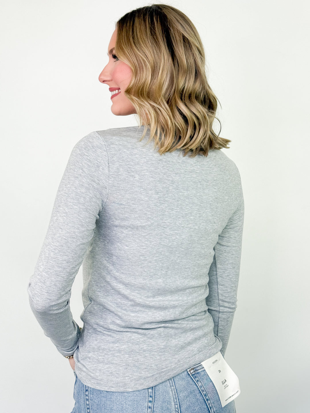 Nova - Round Neck Long Sleeve Knit Top (Light Grey)