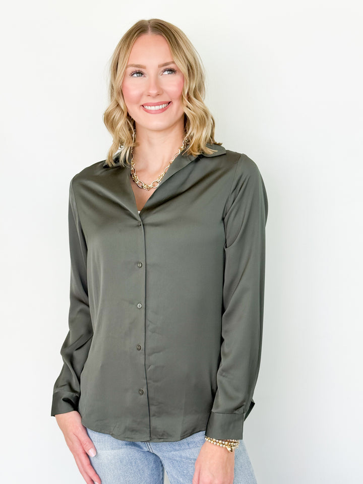 Rita - Satin Button Down Blouse (Dark Olive)