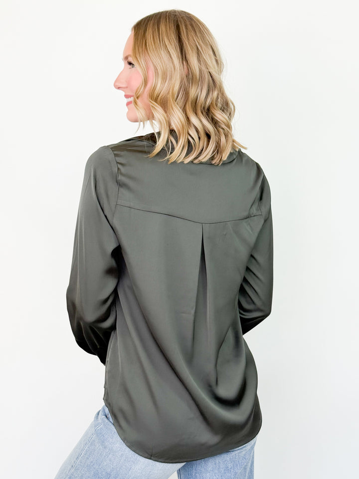 Rita - Satin Button Down Blouse (Dark Olive)