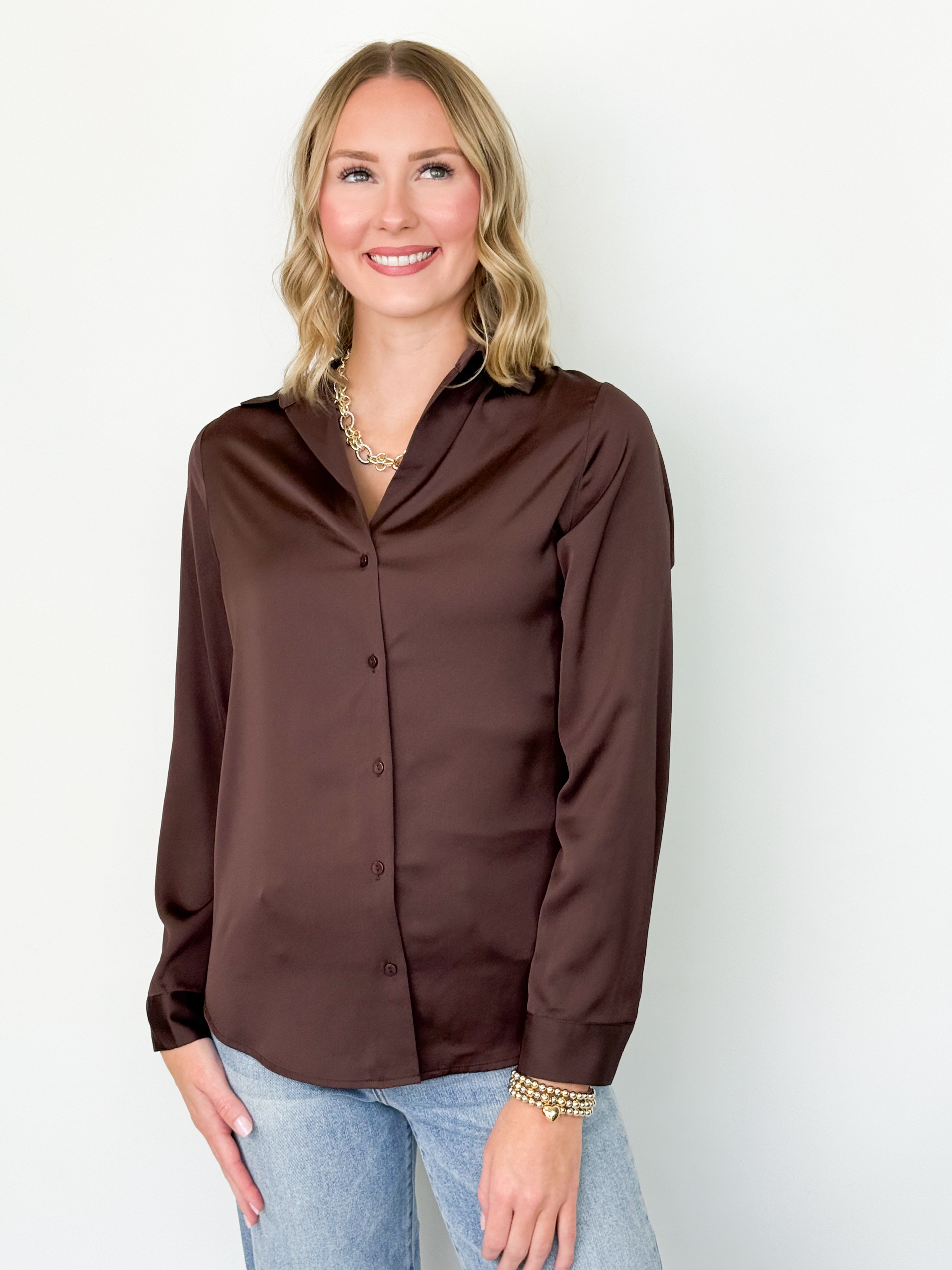 Rita - Satin Button Down Blouse (Espresso)