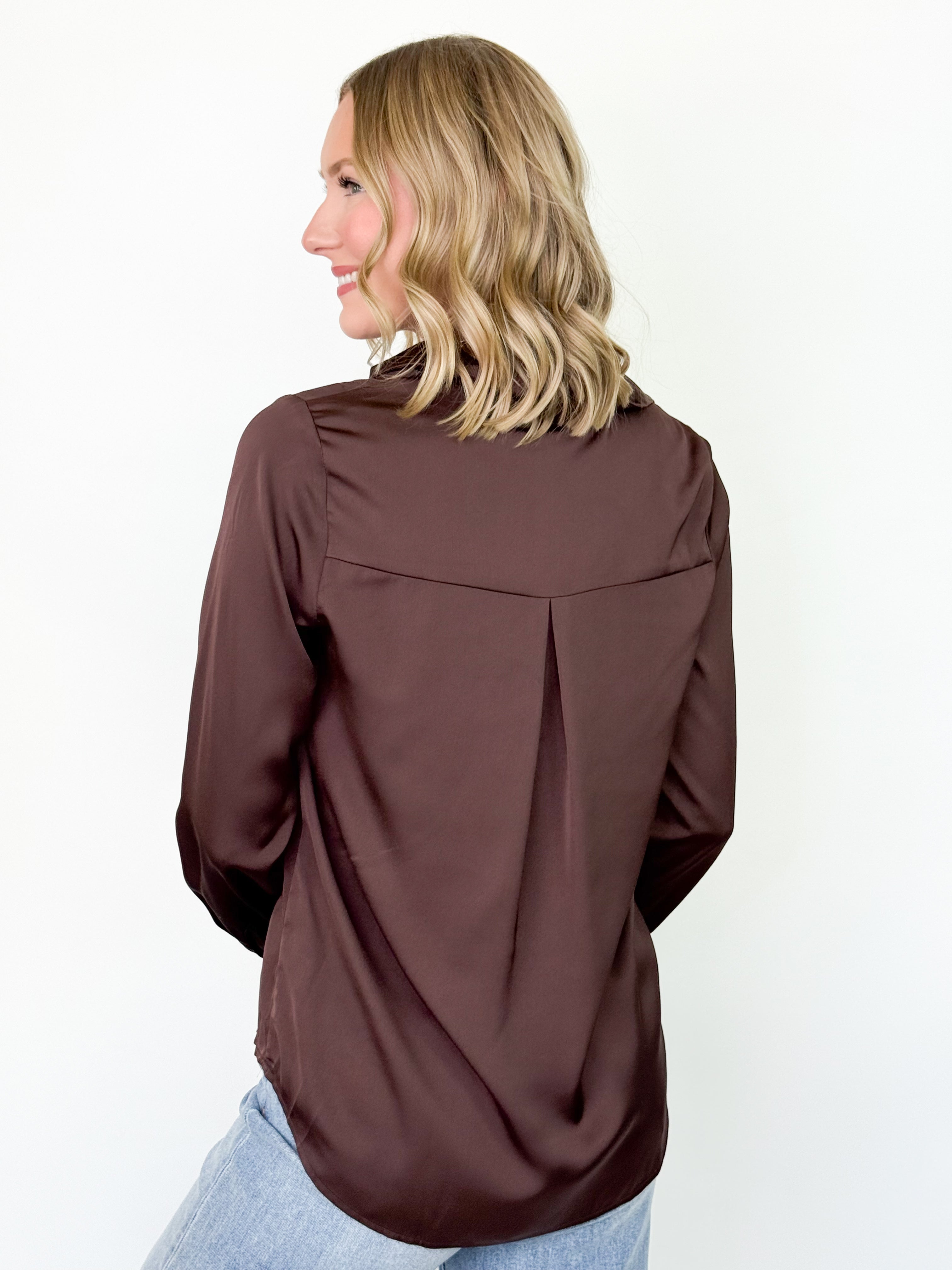 Rita - Satin Button Down Blouse (Espresso)