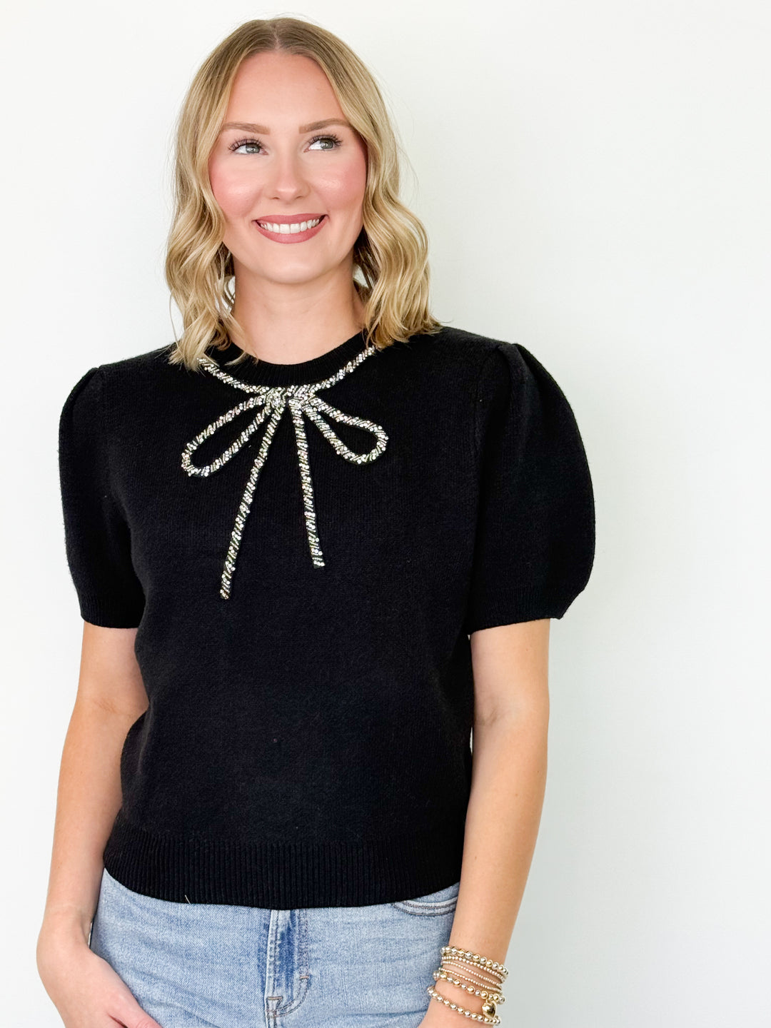Christy - Rhinestone Bow Detail Sweater (Black)