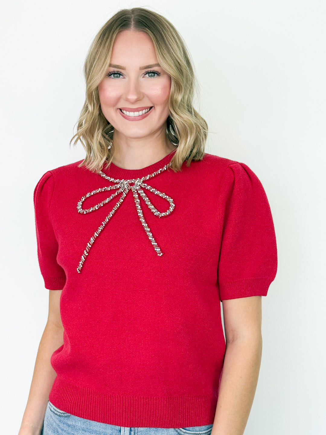 Christy - Rhinestone Bow Detail Sweater (Red)