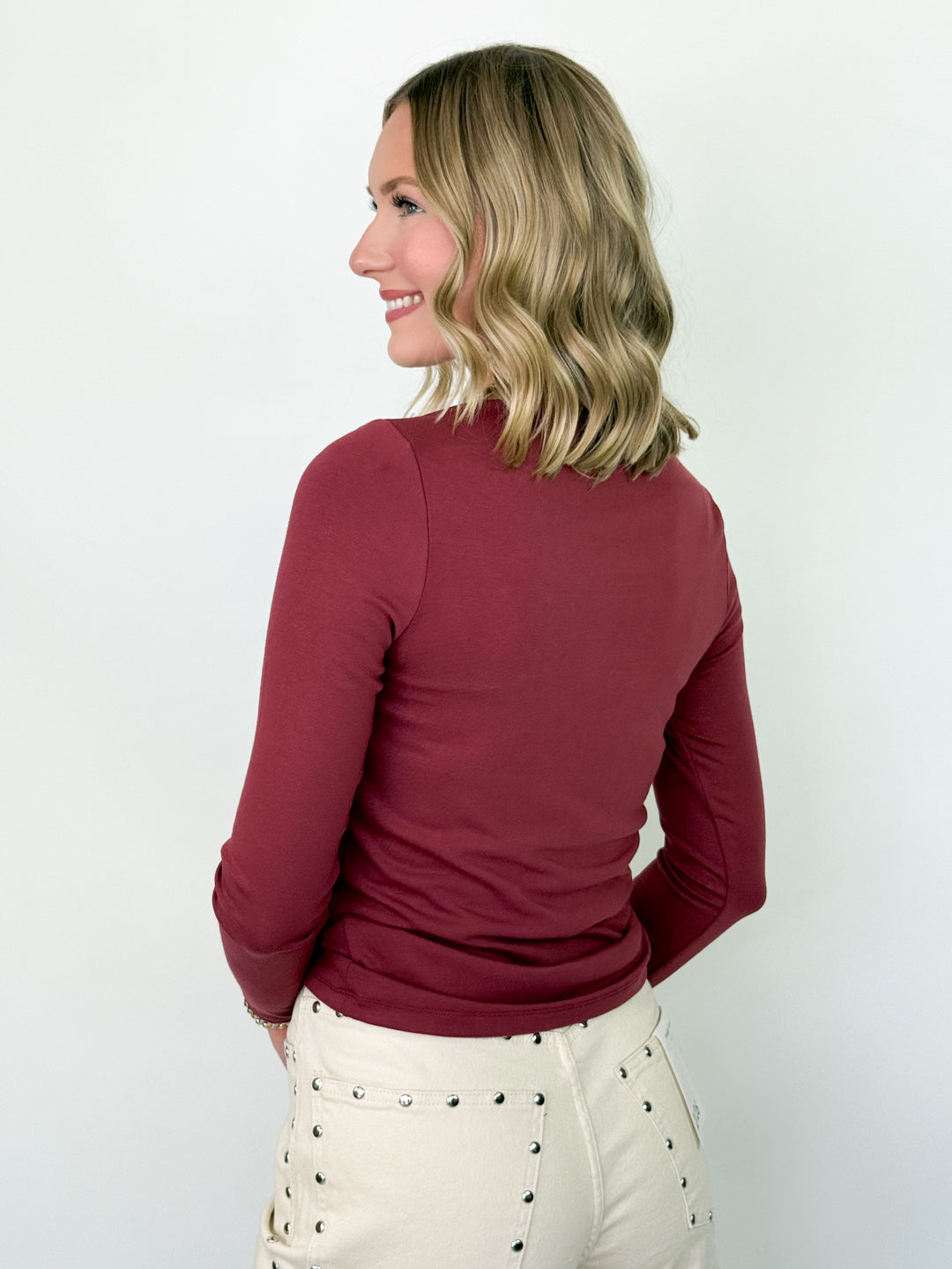 Trina - Boat Neck Long Sleeve Top (Maroon)