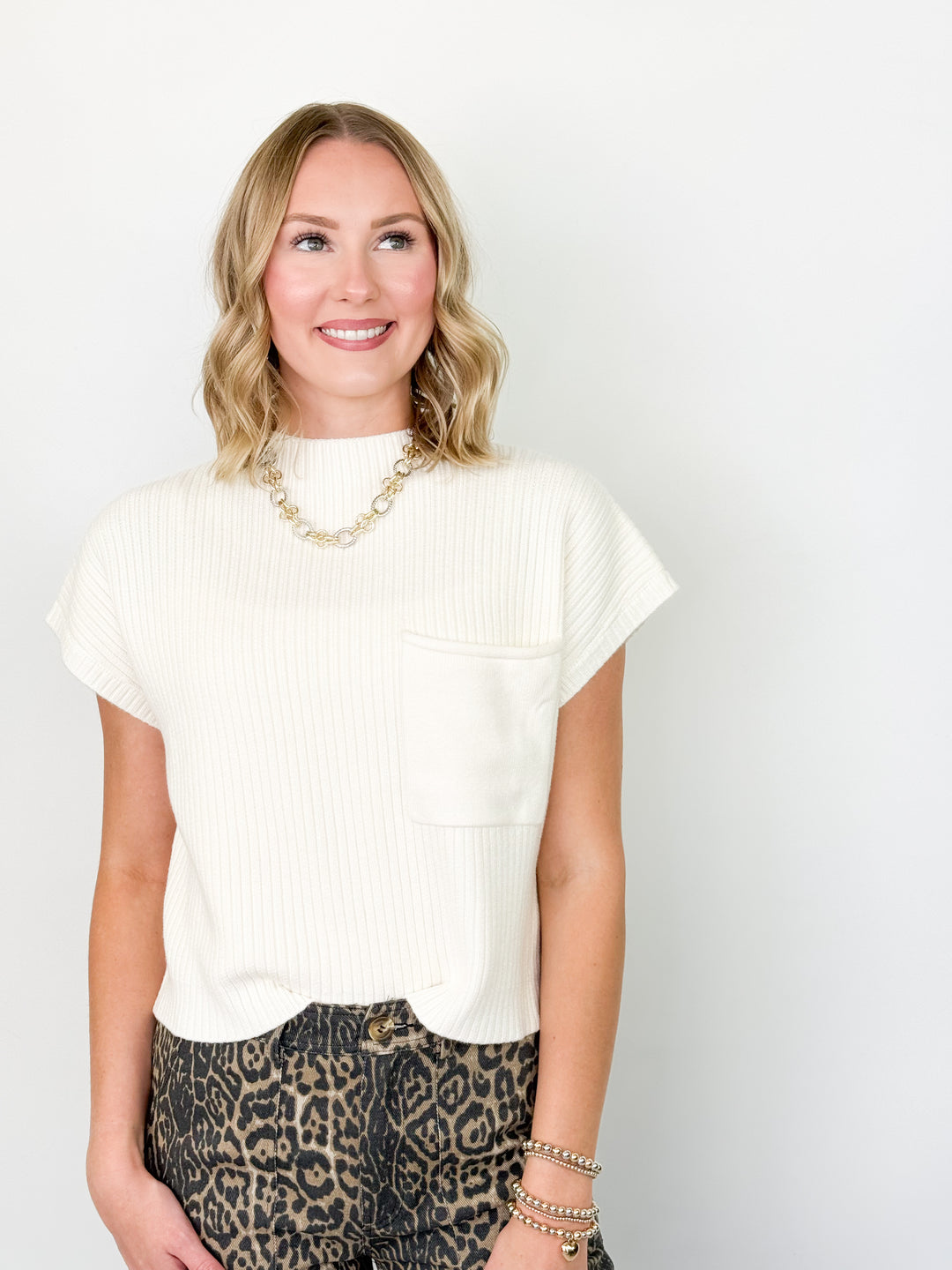 Sandra - Mock Neck Knit Top (Cream)