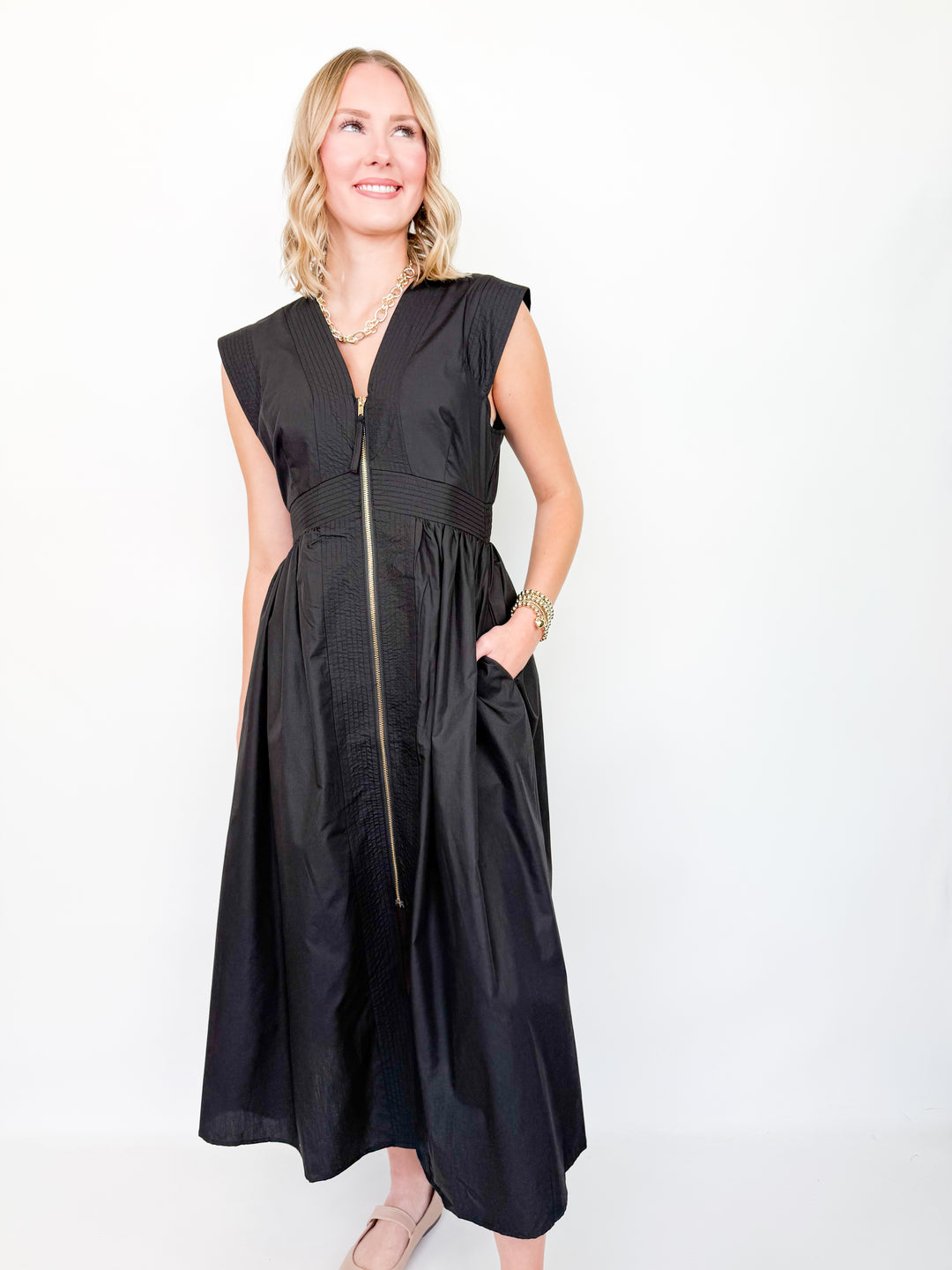 Kathryn - Black Front Zip Midi Dress