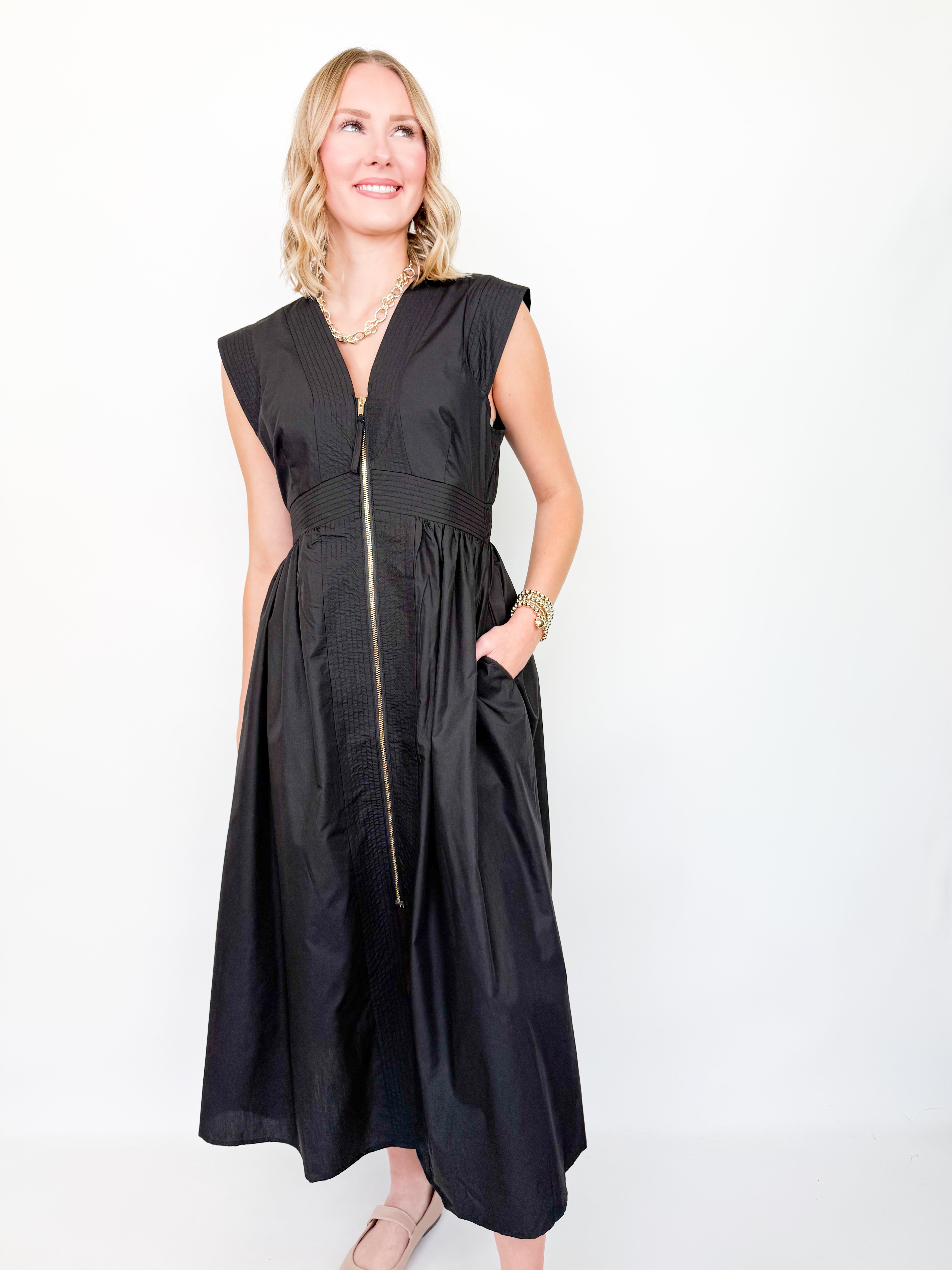 Kathryn - Black Front Zip Midi Dress