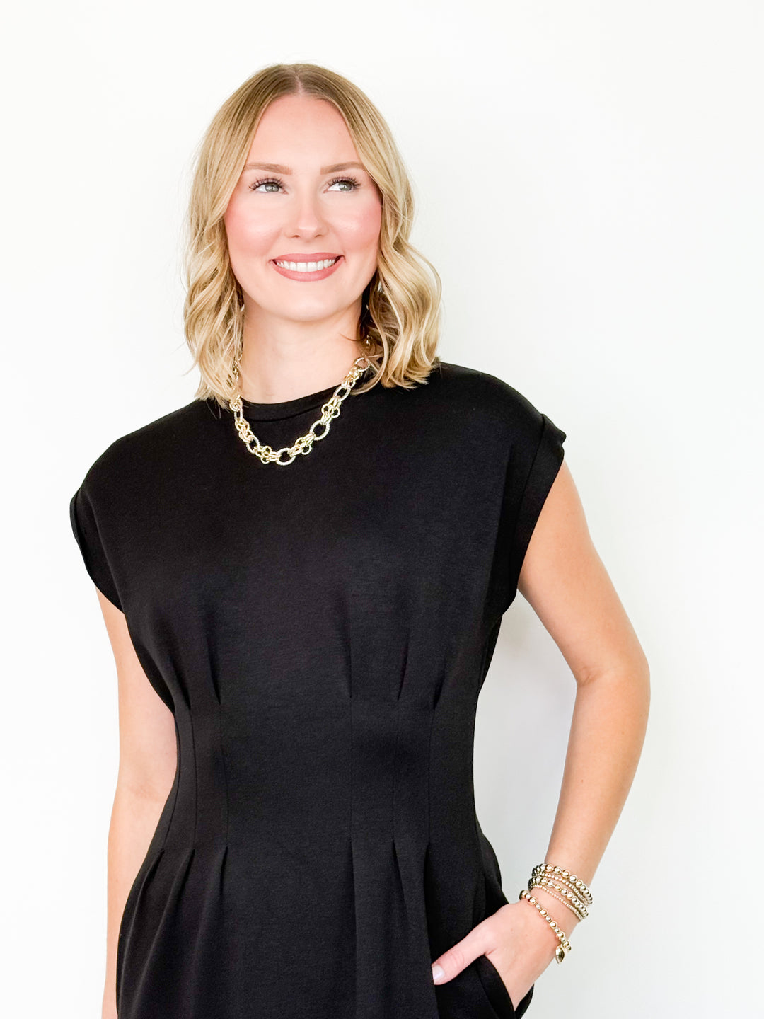 Kami - Pleated Bodice Midi Dress (Black)