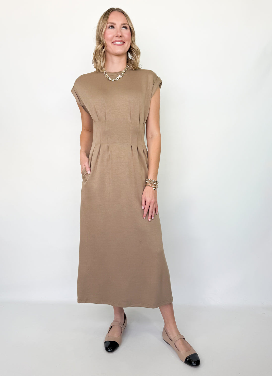Kami - Pleated Bodice Midi Dress (Camel)