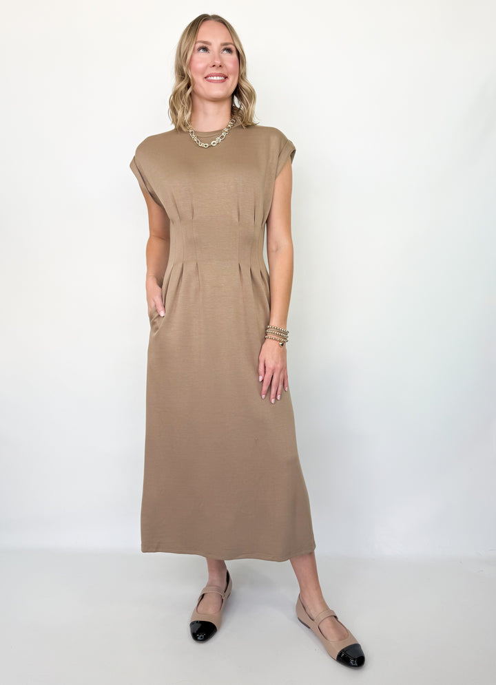 Kami - Pleated Bodice Midi Dress (Camel)