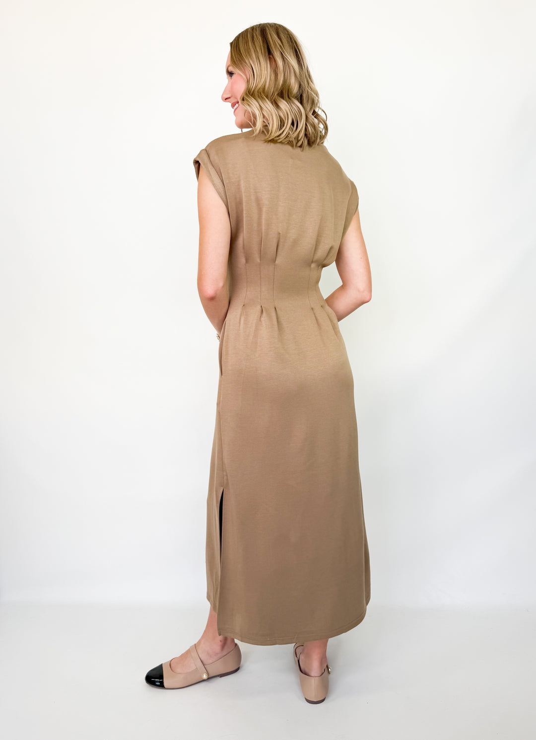 Kami - Pleated Bodice Midi Dress (Camel)