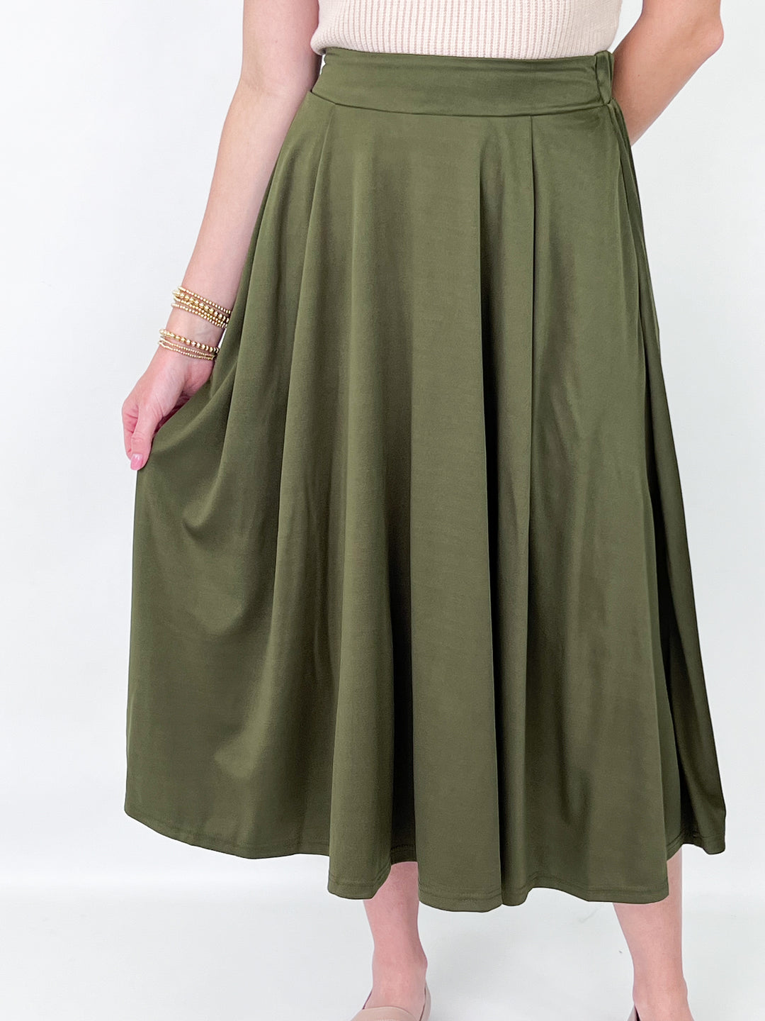 Terri - Pleated Side Pocket Midi Skirt (Olive)