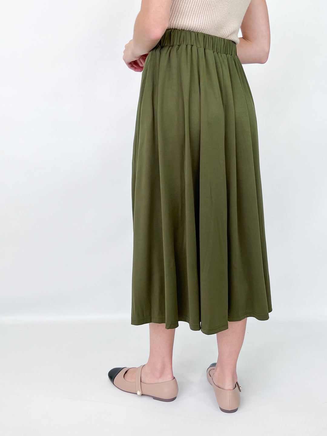 Terri - Pleated Side Pocket Midi Skirt (Olive)