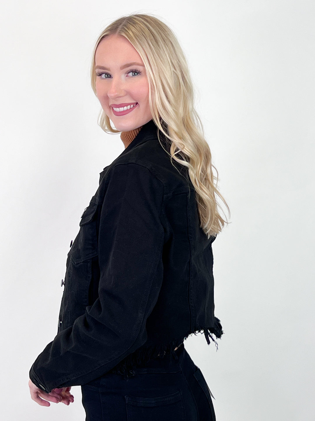 Caroline - Frayed Black Denim Jacket