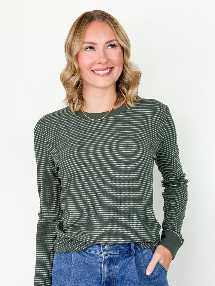 Hallie - Green Striped Thermal Long Sleeve/Pant Set