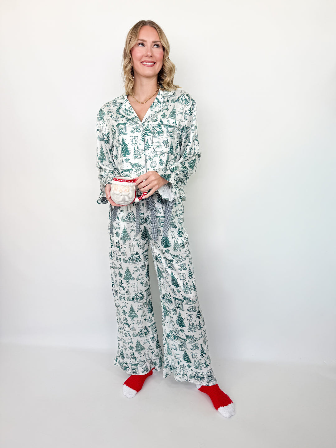 Dark Green Satin Nostalgic Christmas Print Pajama Pant Set