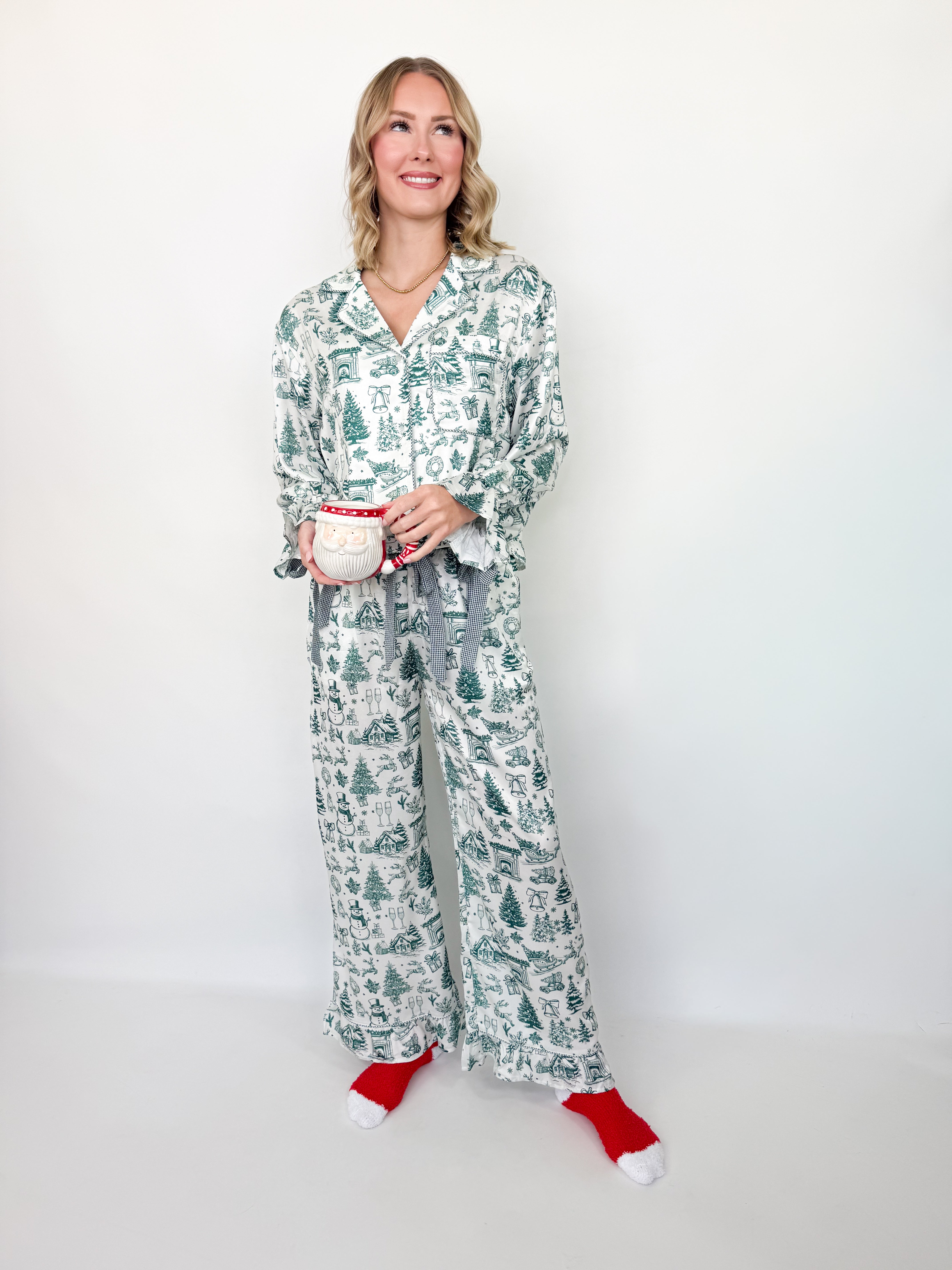 Dark Green Satin Nostalgic Christmas Print Pajama Pant Set