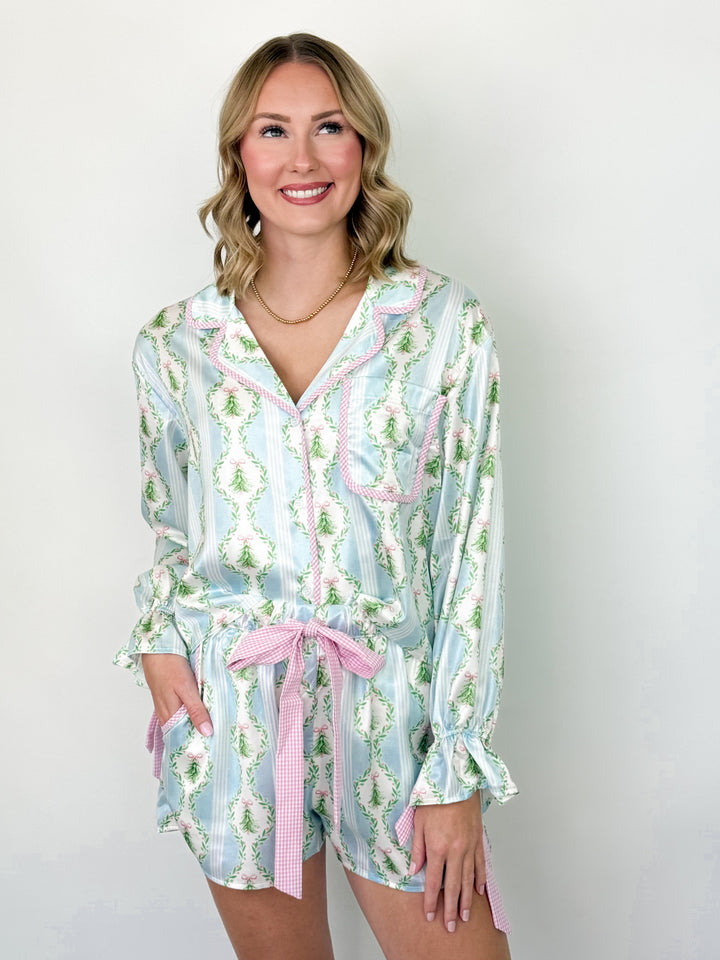 Pink Gingham Bows & Trees Satin Pajama Short Set