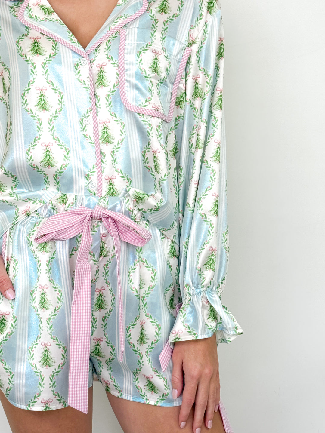 Pink Gingham Bows & Trees Satin Pajama Short Set