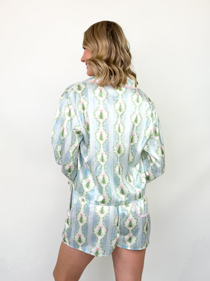 Pink Gingham Bows & Trees Satin Pajama Short Set